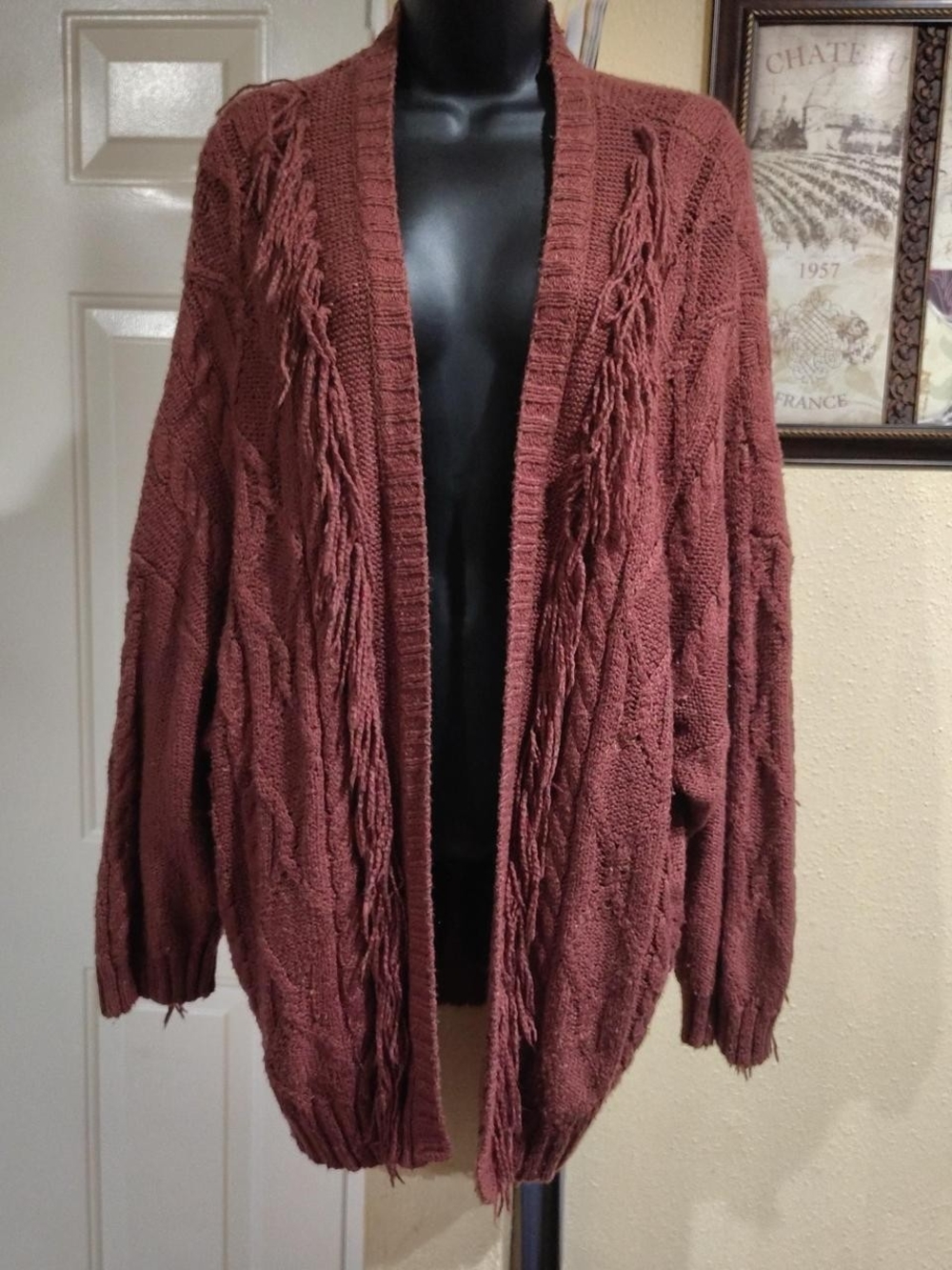 American Eagle Women's Open-Front Brick Red Fringe Cable Knit Cardigan Sweater